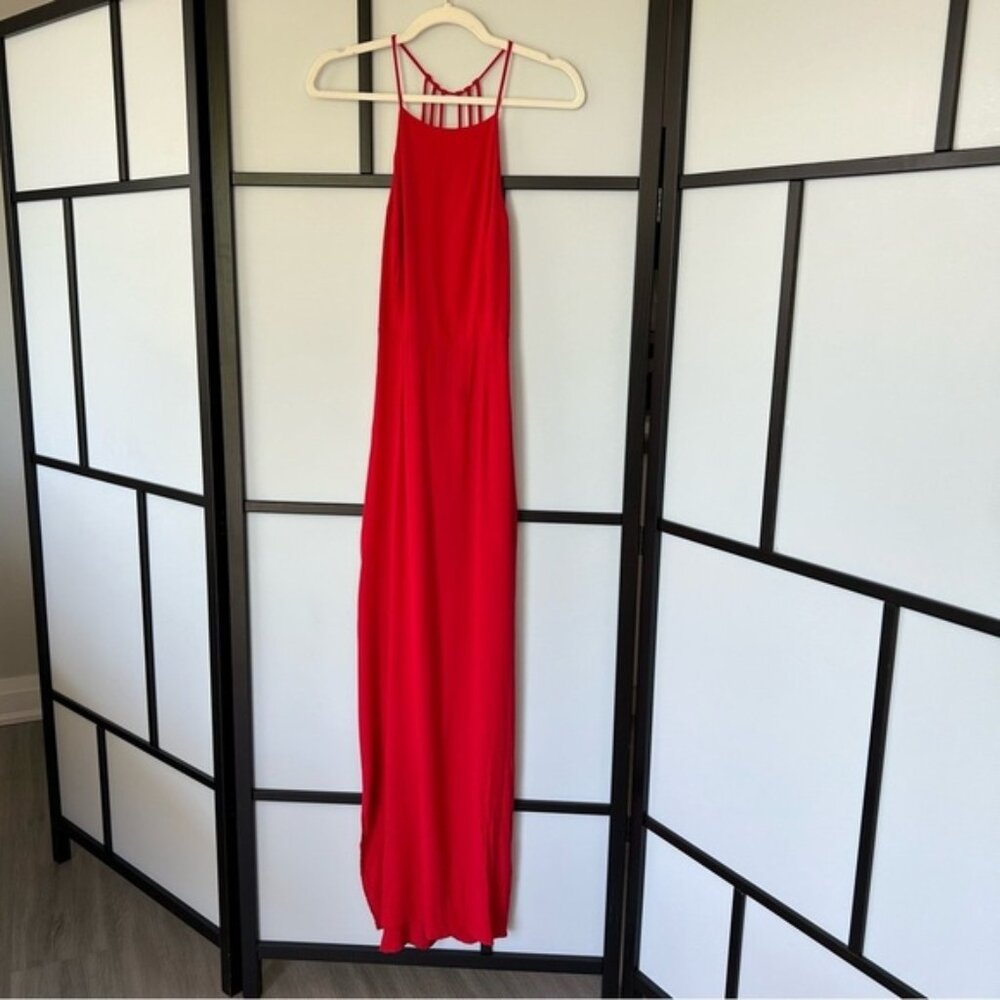 Forever 21 Backless Strappy Cherry Red Double Leg Slit 100% Rayon Maxi Dress